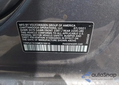 2021 Volkswagen Passat 2.0T Se из США, поврежденный, VIN 1VWSA7A36MC016910